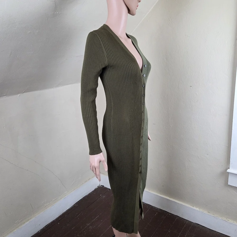 STAUD Ribbed Two Tone Green Midi Dress S Button Front Stretch Viscose Fitted - Picture 6 of 12